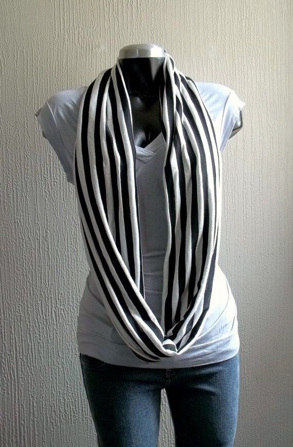 Striped Infinity scarf, in black and white jersey knit, light and cozy,EXTRA WIDE.