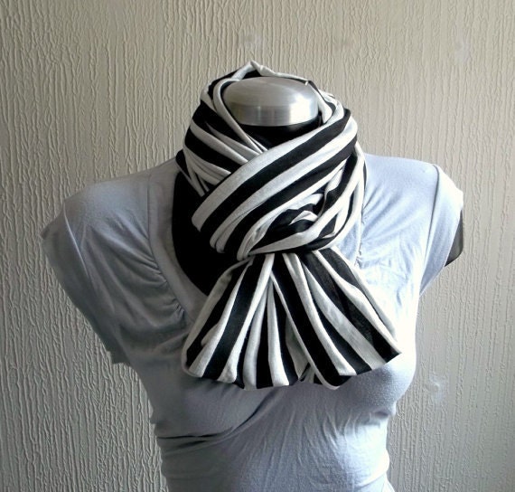 Striped Infinity scarf, in black and white jersey knit, light and cozy,EXTRA WIDE.