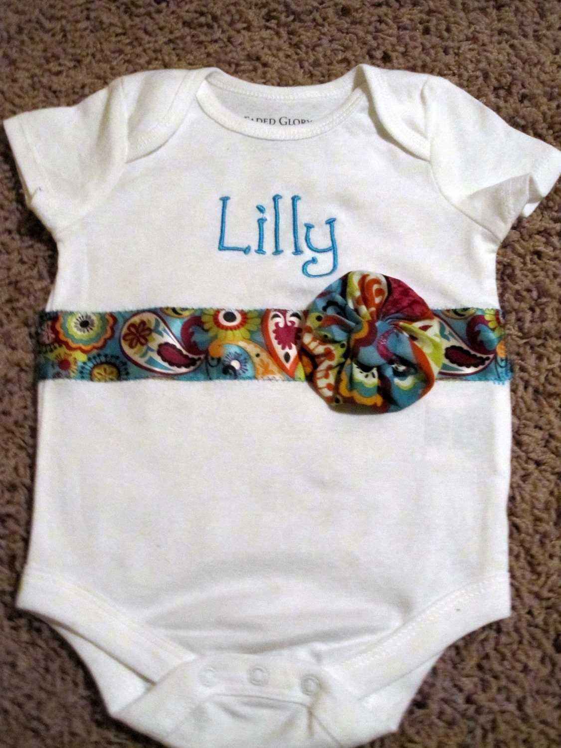 Custom Onesie  with Paisley Ribbon and Fabric Flower