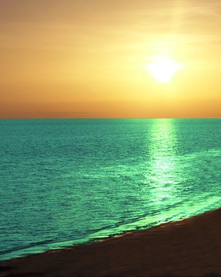 Beach Sunset Metallic Print - Orange Yellow Aqua Green Blue Ocean Art Beach House Wall Decor Photograph - SevenElevenStudios