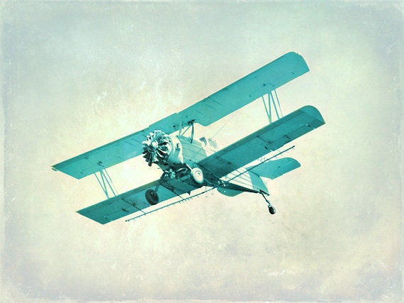 Vintage Airplane Nursery Print - Blue Aqua Boys Childrens Room Decor Aviation Flying Photograph