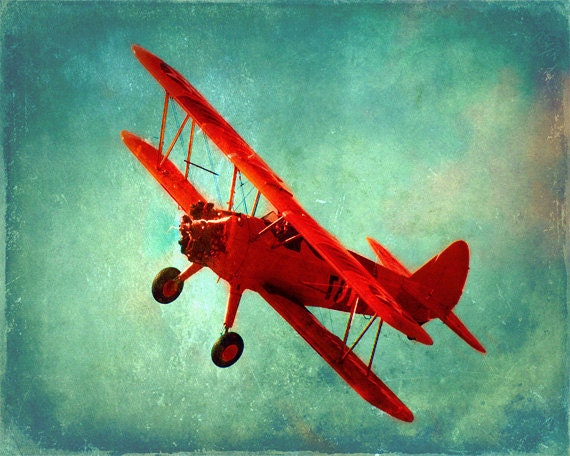 Vintage Airplane Art Print - Nursery Boys Room Red Aqua Blue Biplane Flying Aviation Home Decor Photograph