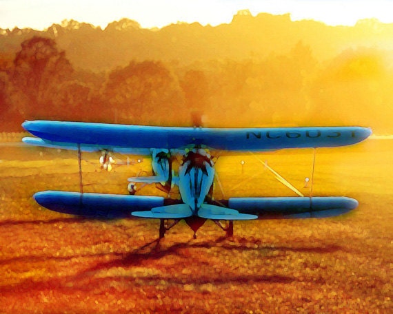 Antique Airplane Print  - Blue Yellow Orange Plane Biplane Sunrise Vintage Nursery Flying Avation Photograph