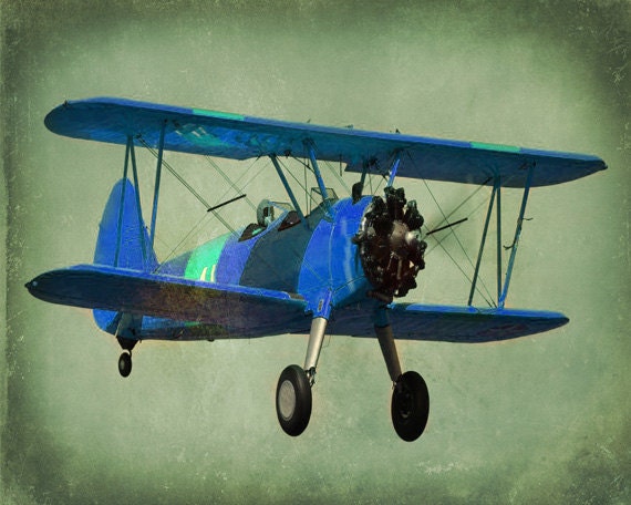 Vintage Blue Airplane Art Print - Antique Biplane Nursery Boys Room Decor Aviation Flying Sage Green Photograph