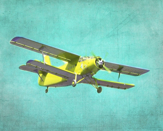 Vintage Airplane Art Print - Nursery Biplane Aqua Yellow Boy Room Aviation Flying Wall Art Home Decor Plane Photograph