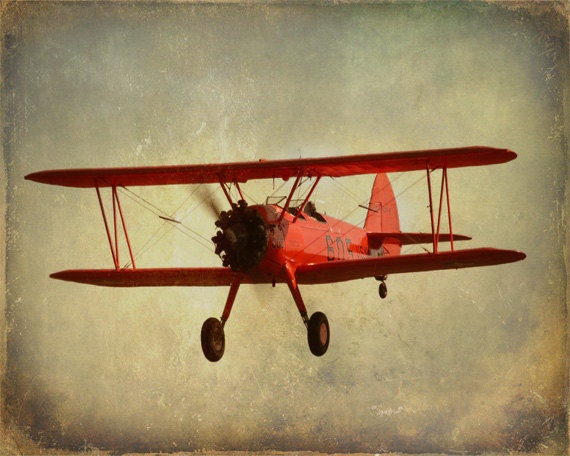 Vintage Antique Red Airplane Art Print - Nursery Boy Childrens Room Decor Aviation Biplane Flying Gray Photograph