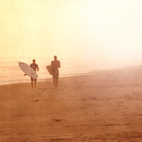 Surf Art Sunset Art Print - Beach Surfers Yellow Orange Sunset Ocean Photograph
