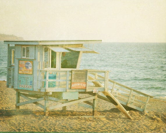 Vintage Lifeguard Station Beach Art Print - Blue Aqua Green Beach House Wall Art Home Decor Photograph