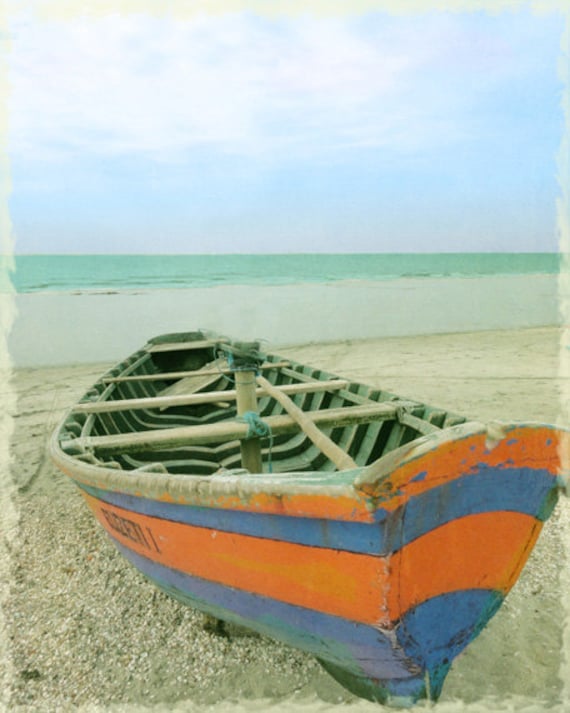 Boat Blue Orange Beach Art Print - Aqua Ocean Beach House Home Decor Wall Art Nautical Photograph