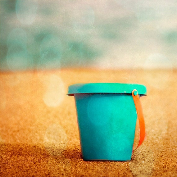 Beach Toy Sand Bucket Art Print - Aqua Orange Ocean Summer Nursery Childrens Room Boy Kids Beach House Home Decor Wall Art Photograph