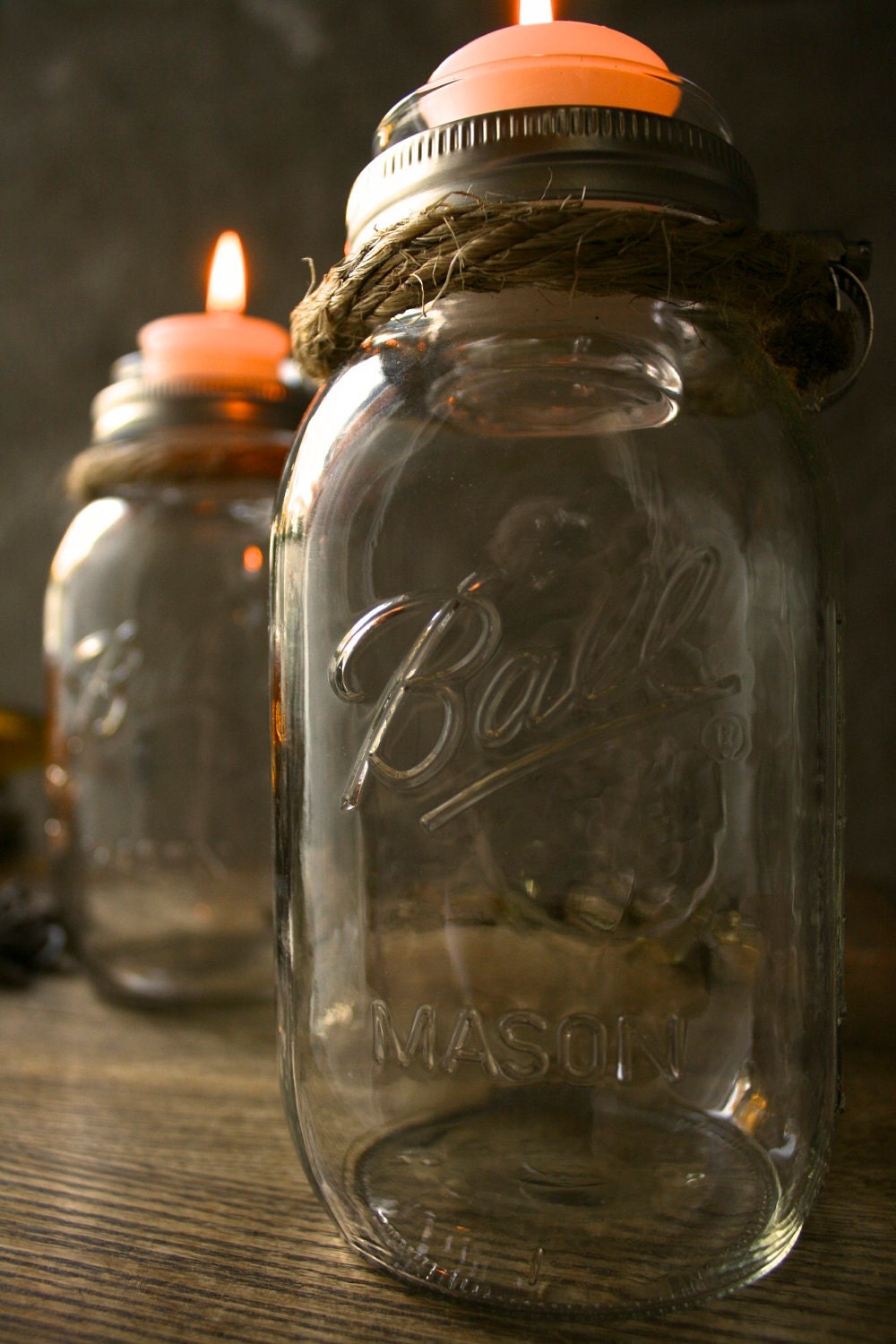 Pair of Mason Jar Candle Holders Rustic Wedding Decor Glass Lighting Shabby Chic Lighting - Rustic Rope Design