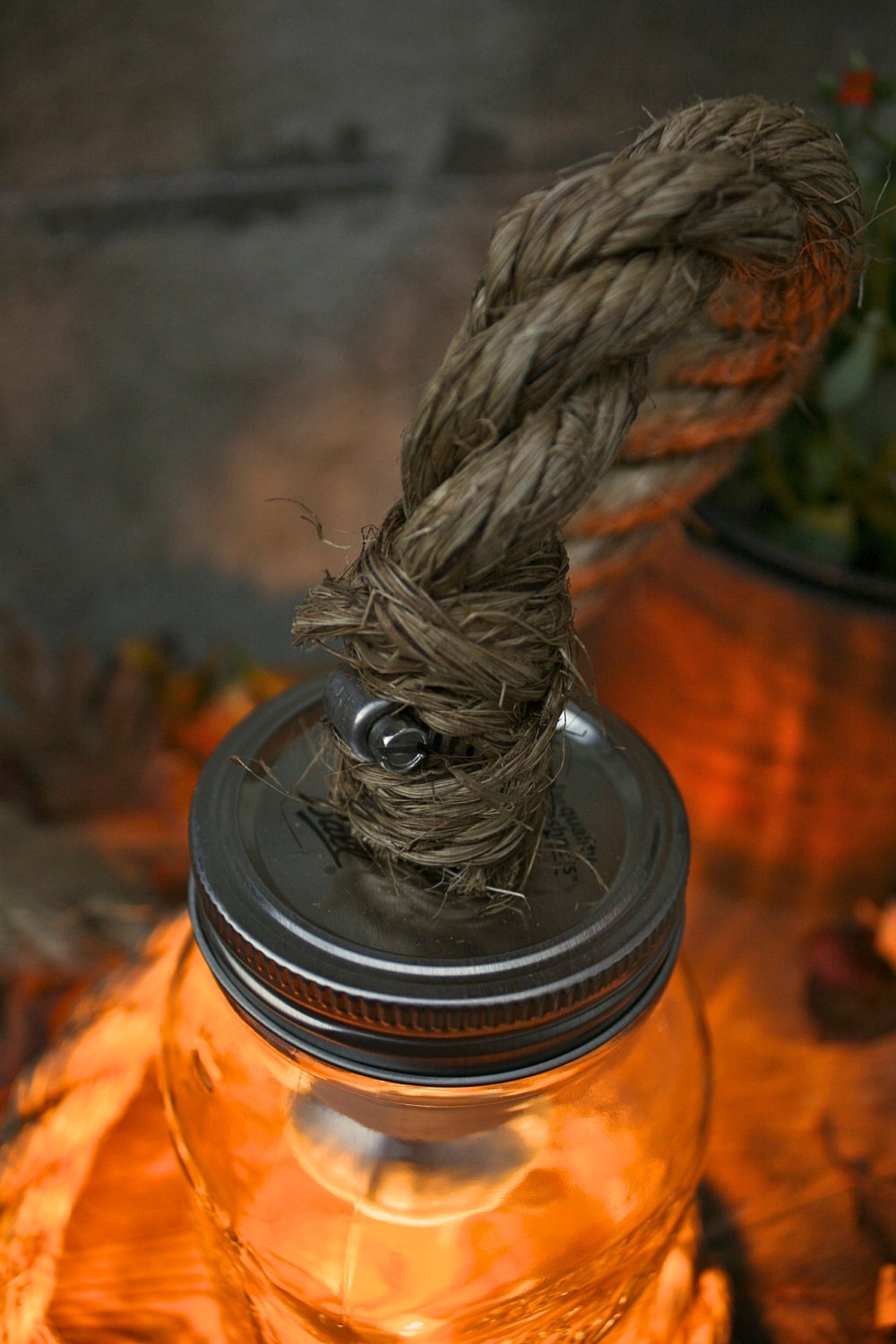 Mason Jar Lighting Rustic Wedding Decor Wedding Lighting Desk Lamp or Night Light - Vintage Industrial Rope Design