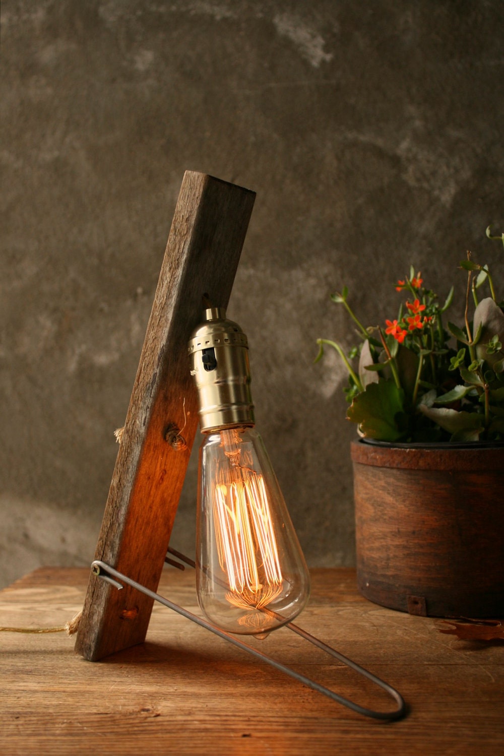 Industrial Light Wood Lamp Cool Gifts for Men Industrial Lighting Shabby Chic Edison Bulb Lamp - Weathered Wood and Marconi Filament Bulb