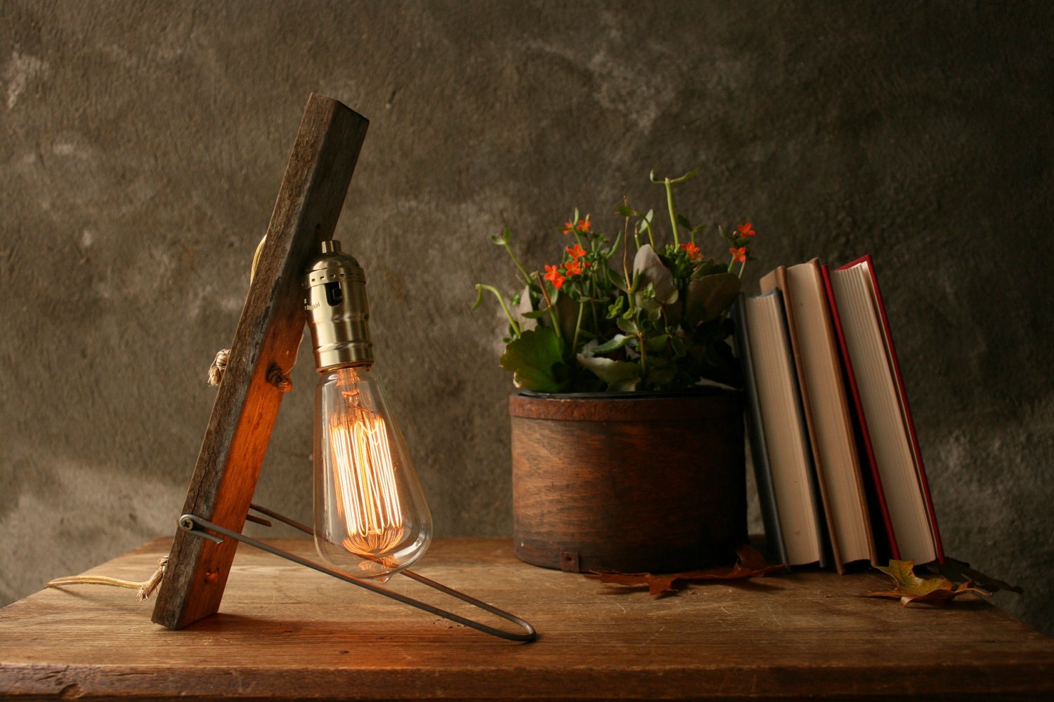 Industrial Light Wood Lamp Cool Gifts for Men Industrial Lighting Shabby Chic Edison Bulb Lamp - Weathered Wood and Marconi Filament Bulb