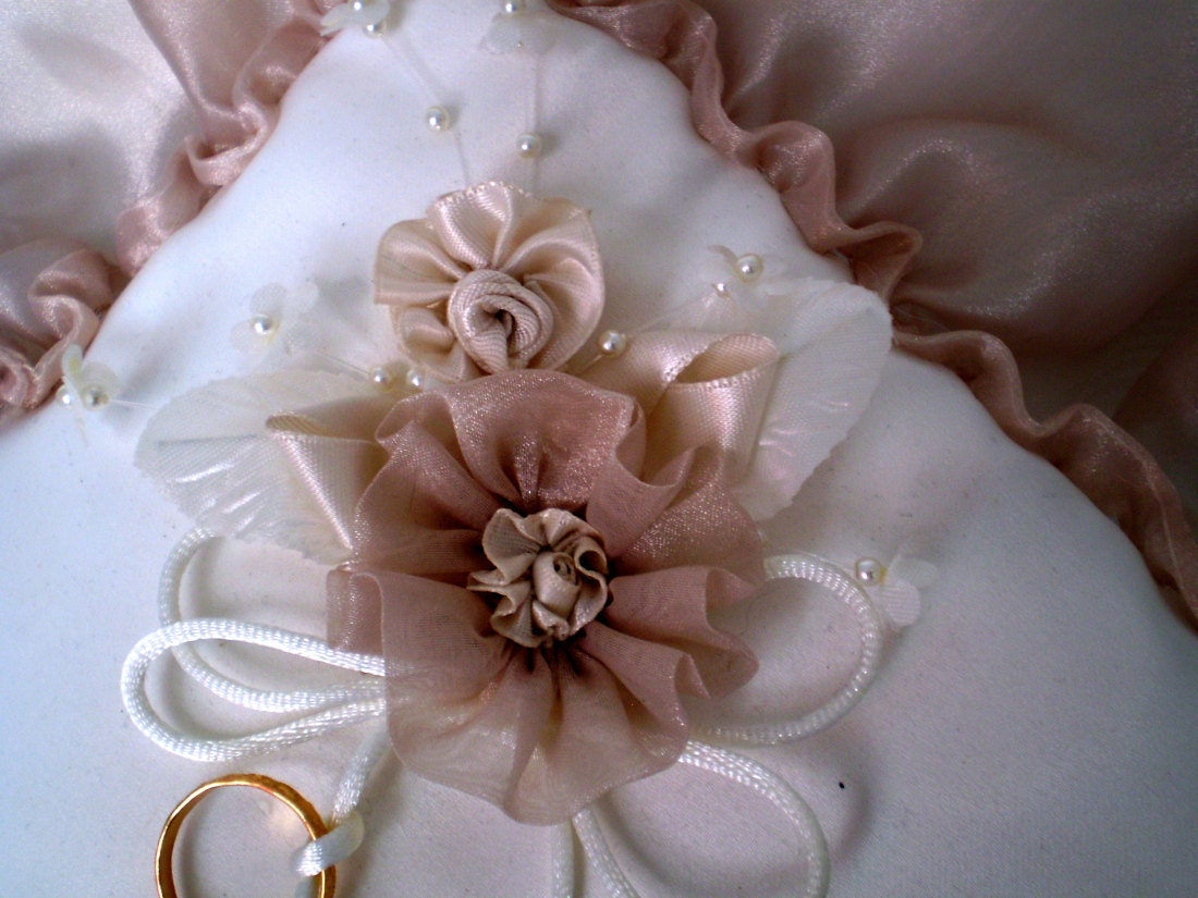 Creme de la Creme - Ring Bearer Pillow in Winter White Satin trimmed in champagne organza