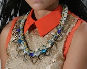 Prayer, bib necklace, rope necklace, triangle spikes and blue beads, mermaid style, chunky statement necklace OOAK