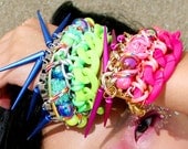 Seamonster, Neon chunky bracelet, long spikes studs, Green Blue, knotted with ropes and chunky chains, sports chic, unique OOAK jewelry