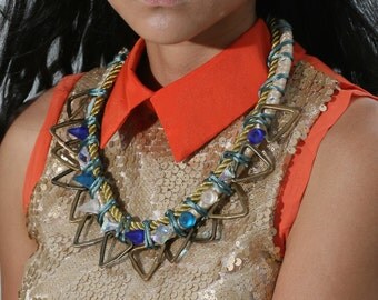 Prayer, bib necklace, rope necklace, triangle spikes and blue beads, mermaid style, chunky statement necklace OOAK