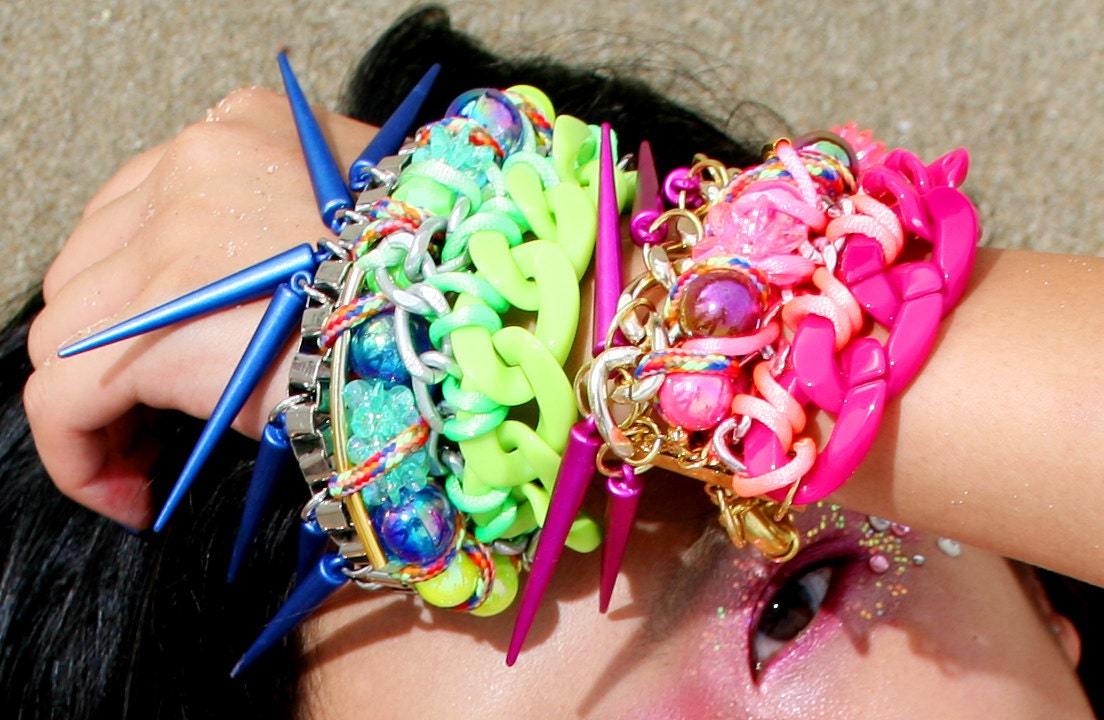 Seamonster, Neon chunky bracelet, long spikes studs, Green Blue, knotted with ropes and chunky chains, sports chic, unique OOAK jewelry