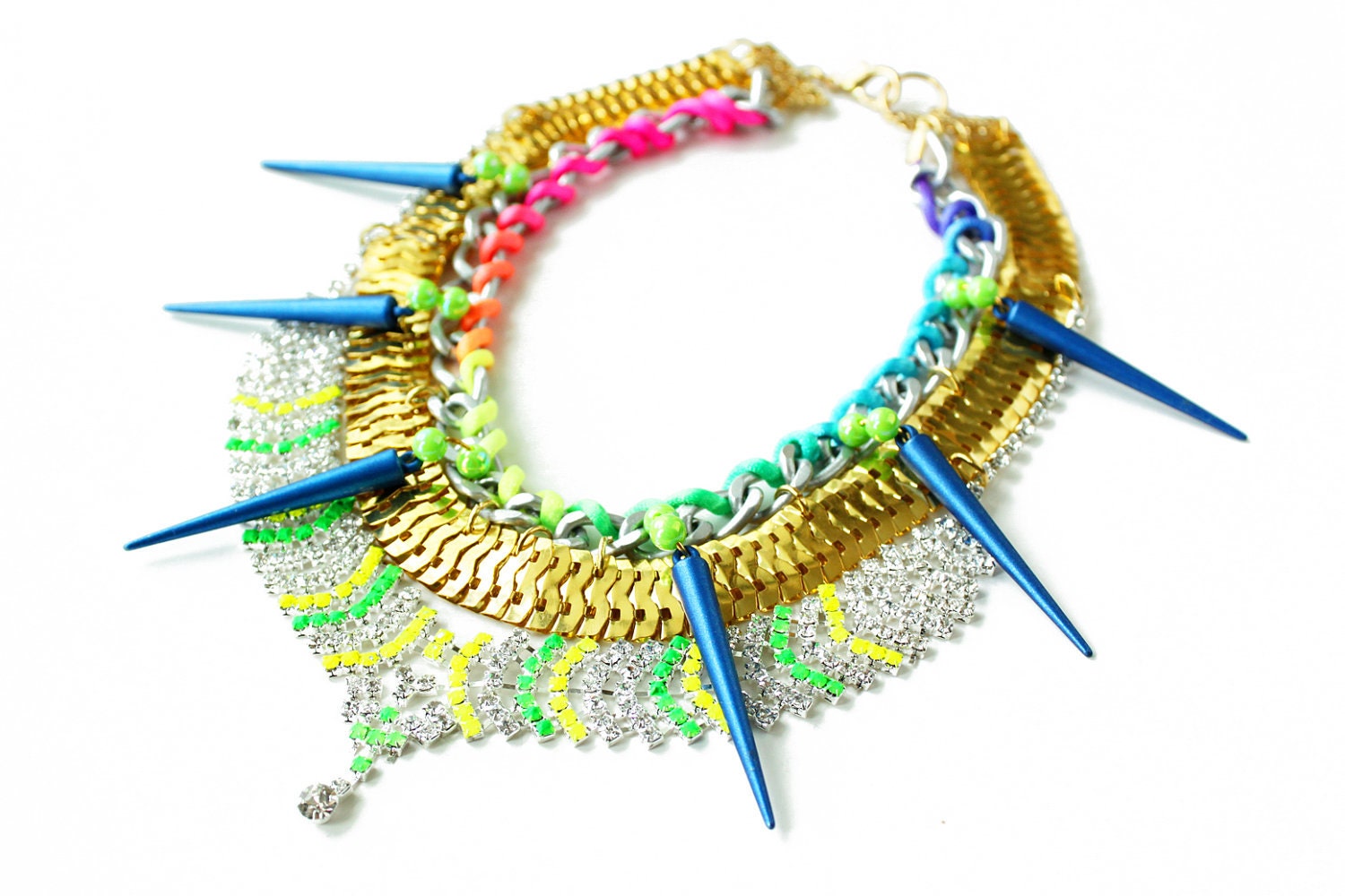TheSpell, neon statement necklace, chunky rhinestones and spikes, OOAK collar bib necklace, mermaid style, rainbow