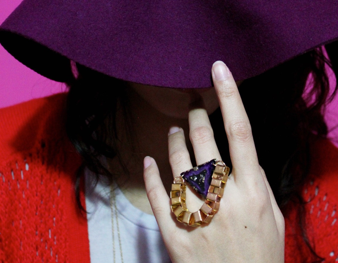Basestation, triangle ring, tribal ring purple with gold chain, valentines gift.