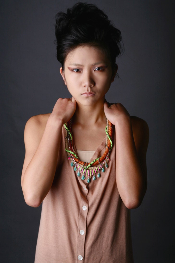 Kershie, Chunky Neon Necklace, tribal necklace, raw ropes with chains and hand painted rhinestones. OOAK