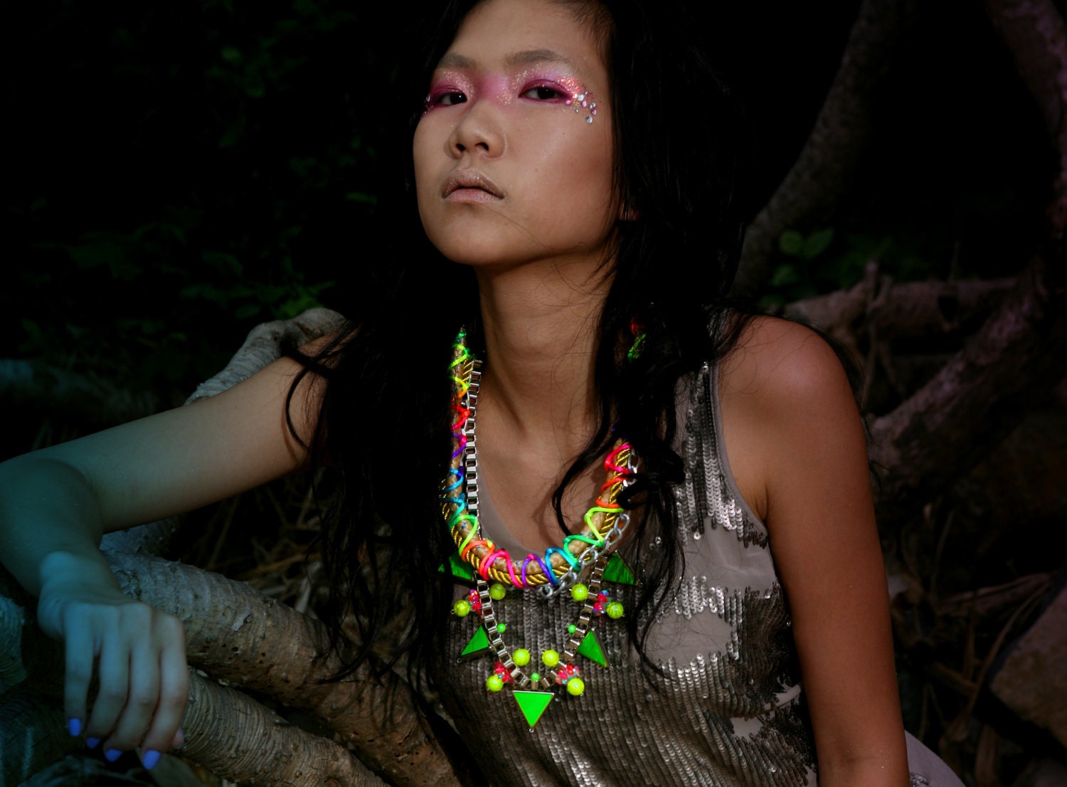 RainbowTail,  neon statement necklace, chunky rope rainbow triangle, mermaid style, statement OOAK necklace