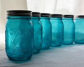 Stained Mason Pint Jars, Ocean Blue, Set of 6