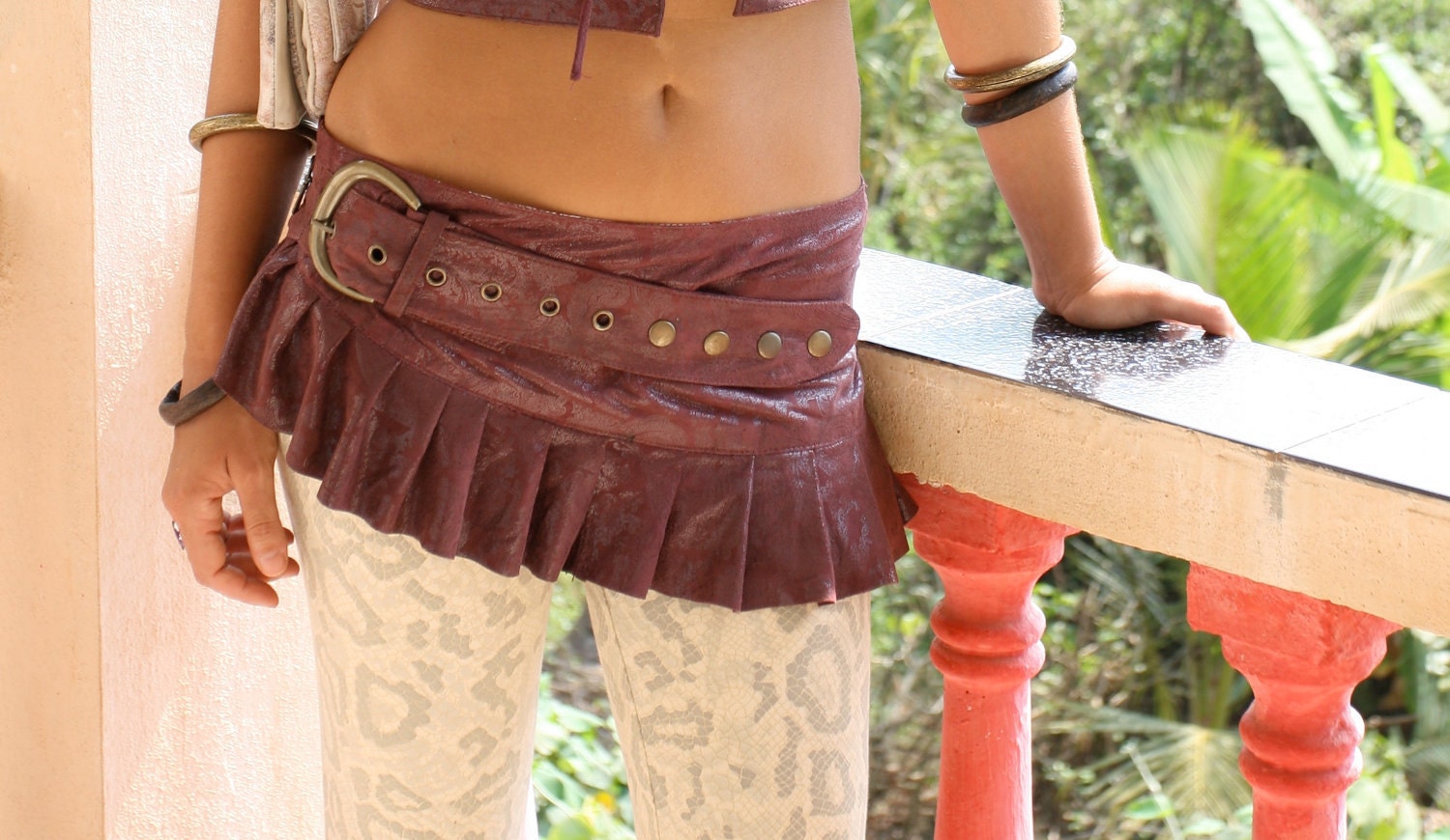 Leather suede mini skirt printed leather steampunk tribal fetish mini skirt wraparound