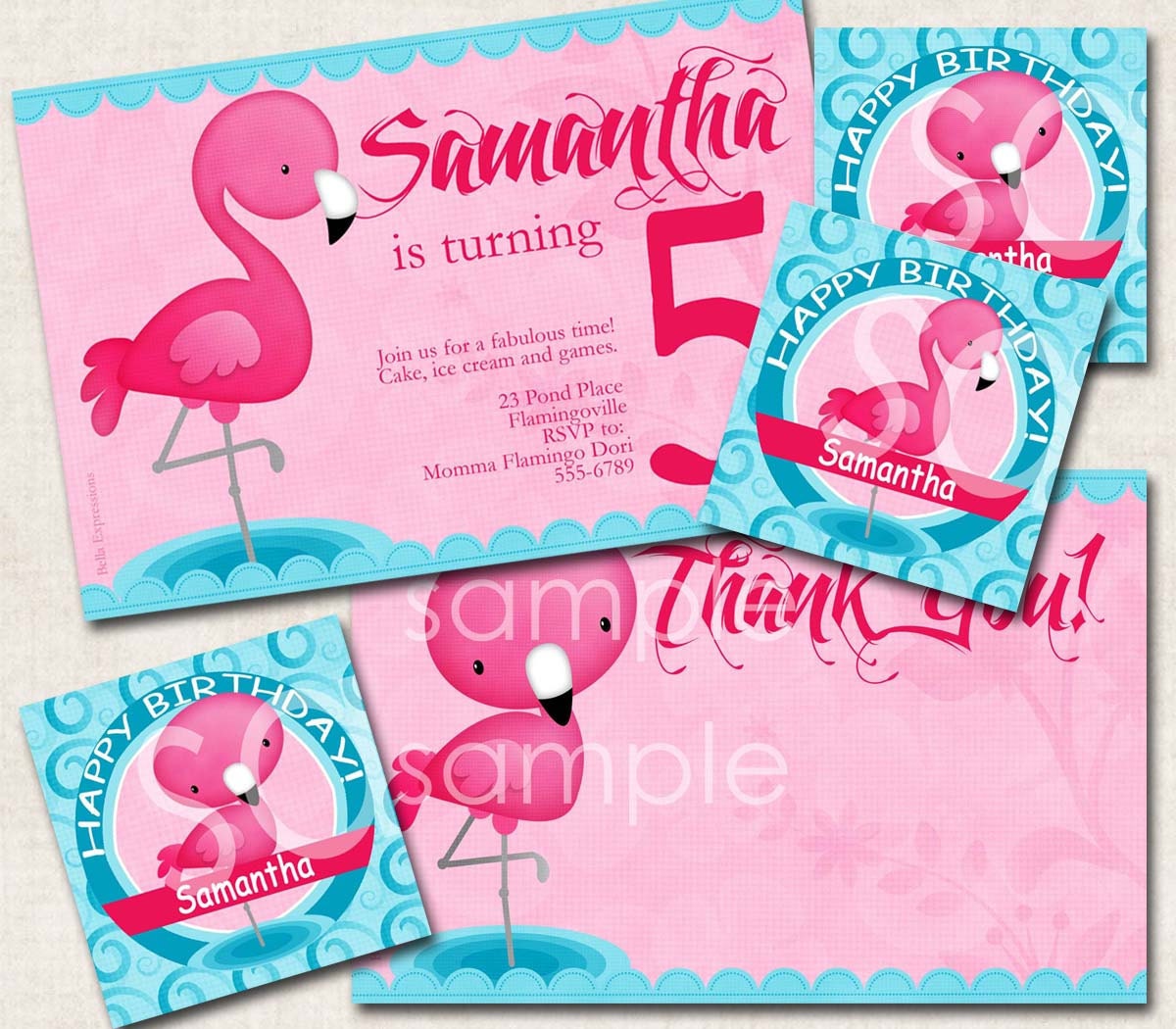 Flamingo Birthday Party Package, invitation, tags, thank you, pink blue, digital file, you-print