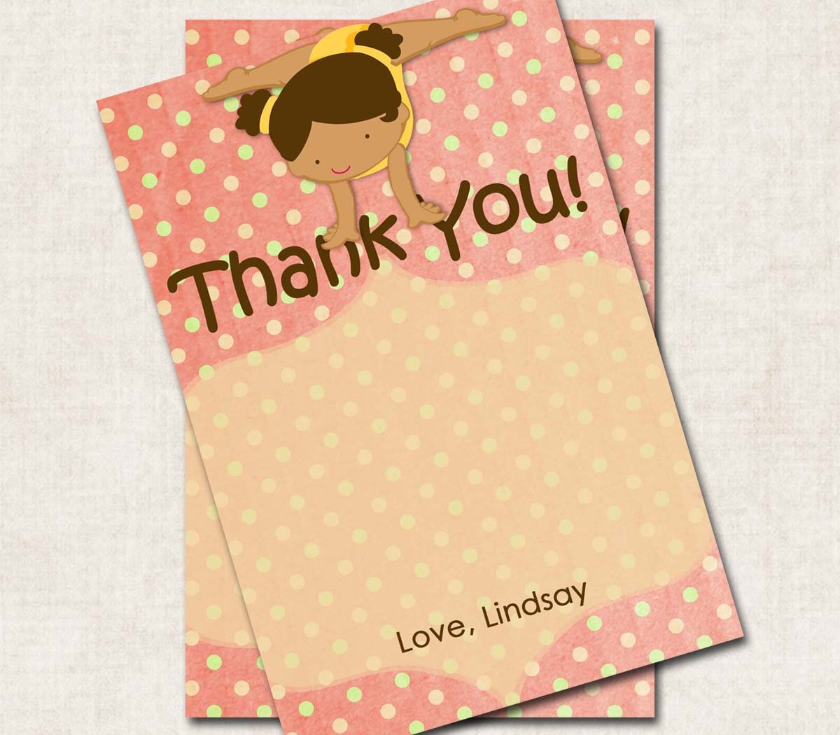 Gymnastics Birthday Thank You Note, pink cream yellow Digital File you print