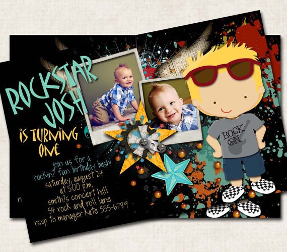 Rockstar Birthday Invitation, rock and roll, black, grey teal yellow, stars (Digital File) you-print