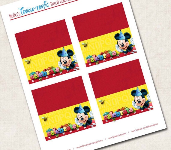 Mickey Mouse Birthday Party Treat Labels, yellow red blue black (Digital File)