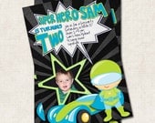 Superhero Birthday Party Invitation boy blue green super hero (Digital File) you-print