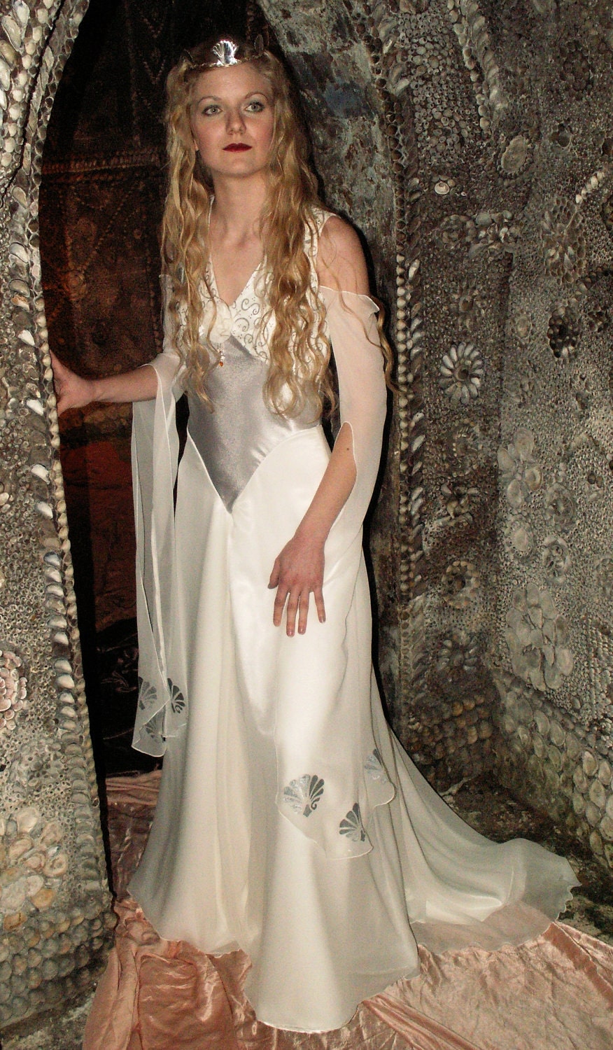 Medieval Fantasy Wedding Gown, White Silk Chiffon & Hand Painted Silver Shell Motiffs