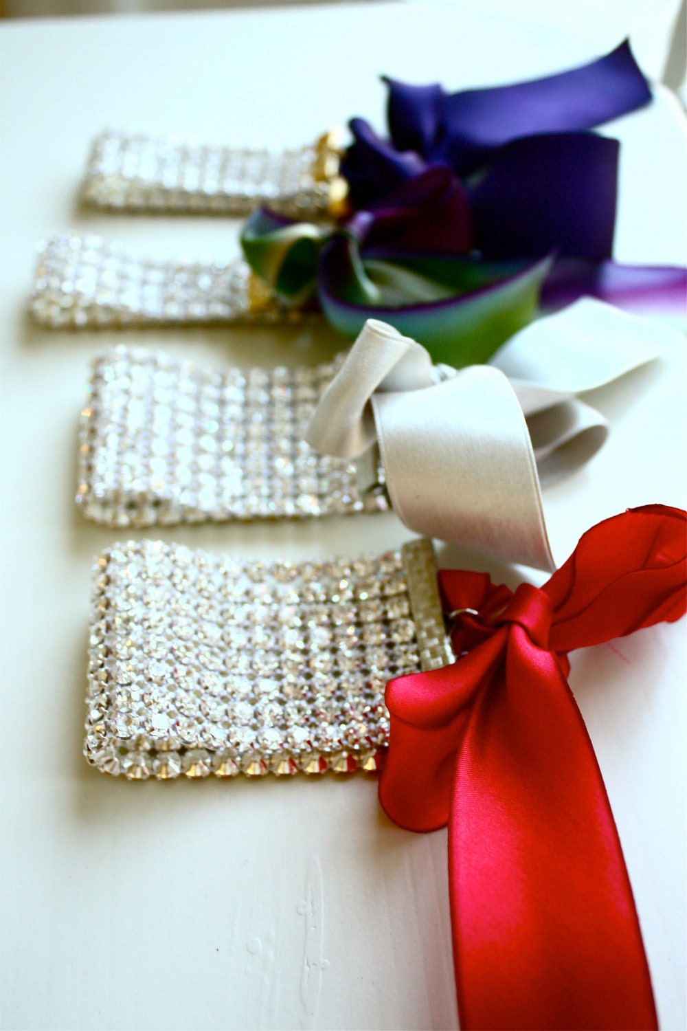 Bridesmaids Rhinestone Cuff Bracelet w/ Silk Ribbon Tie (1 1/2" Wide) Bridesmaid Gift