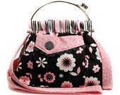 Pink Black Bag Shoulder Strap Retro Flowers and Stripes
