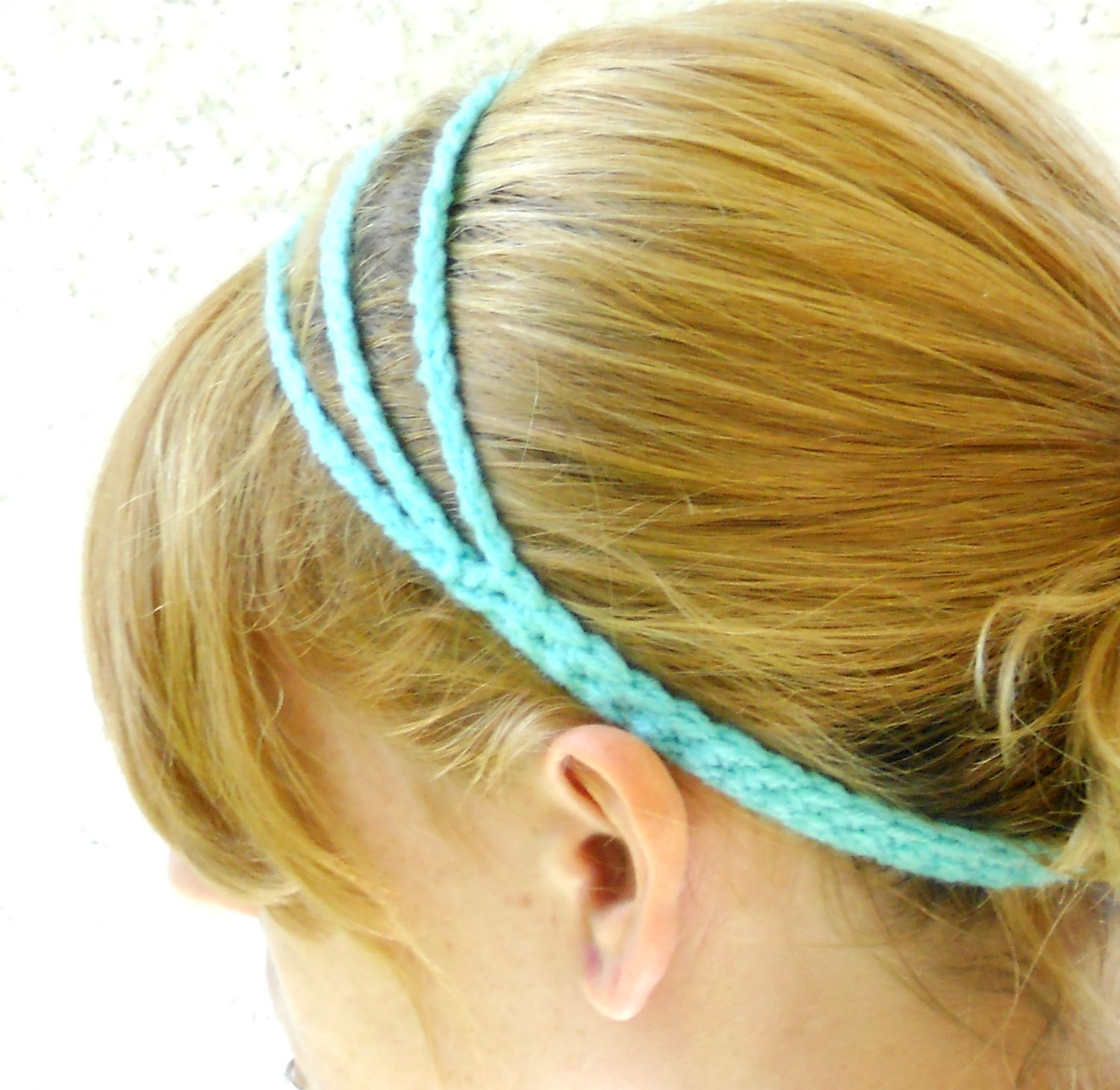 Three strand aqua and red bow tie crochet headband