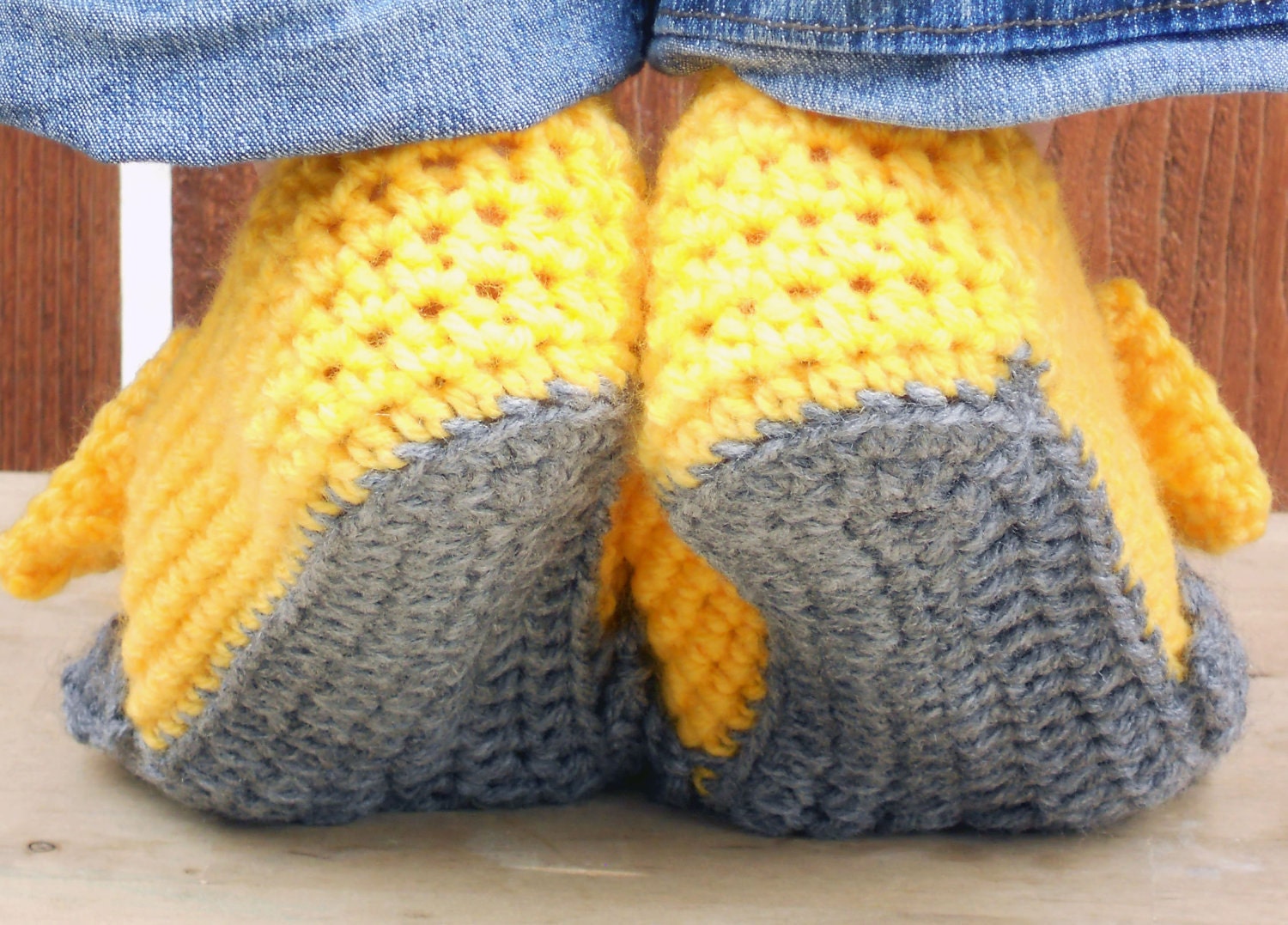 Bow tie strap slippers, booties, shoes, socks in thunderous sunshine yellow and grey.