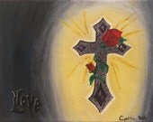 Christian cross oil painting roses LOVE canvas painting varnished original painting 11x14 red flowers signed church religous