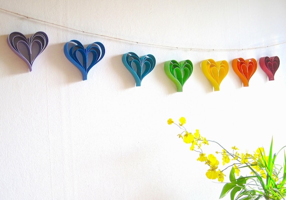 Rainbow Wedding Garland - Paper hearts Wedding Banner, rainbow birthday party, Engagement Party Decoration, Photo Booth Prop (handmade)