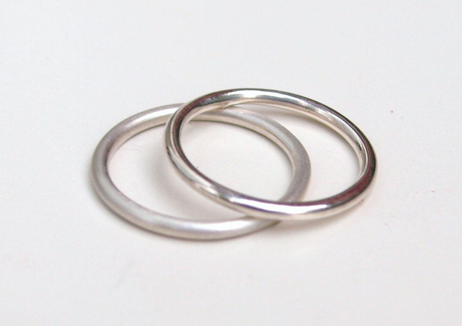 Stacking Rings on Two Silver Plain Stacking Rings Satin Finish Or High By Jinkles
