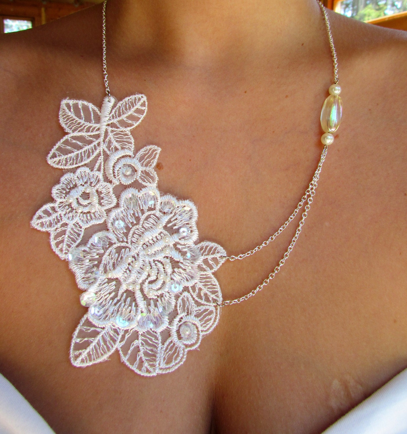 Lace Wedding Necklace : Embellished Ivory Applique with Vintage Beads, Silver-Colored Chain