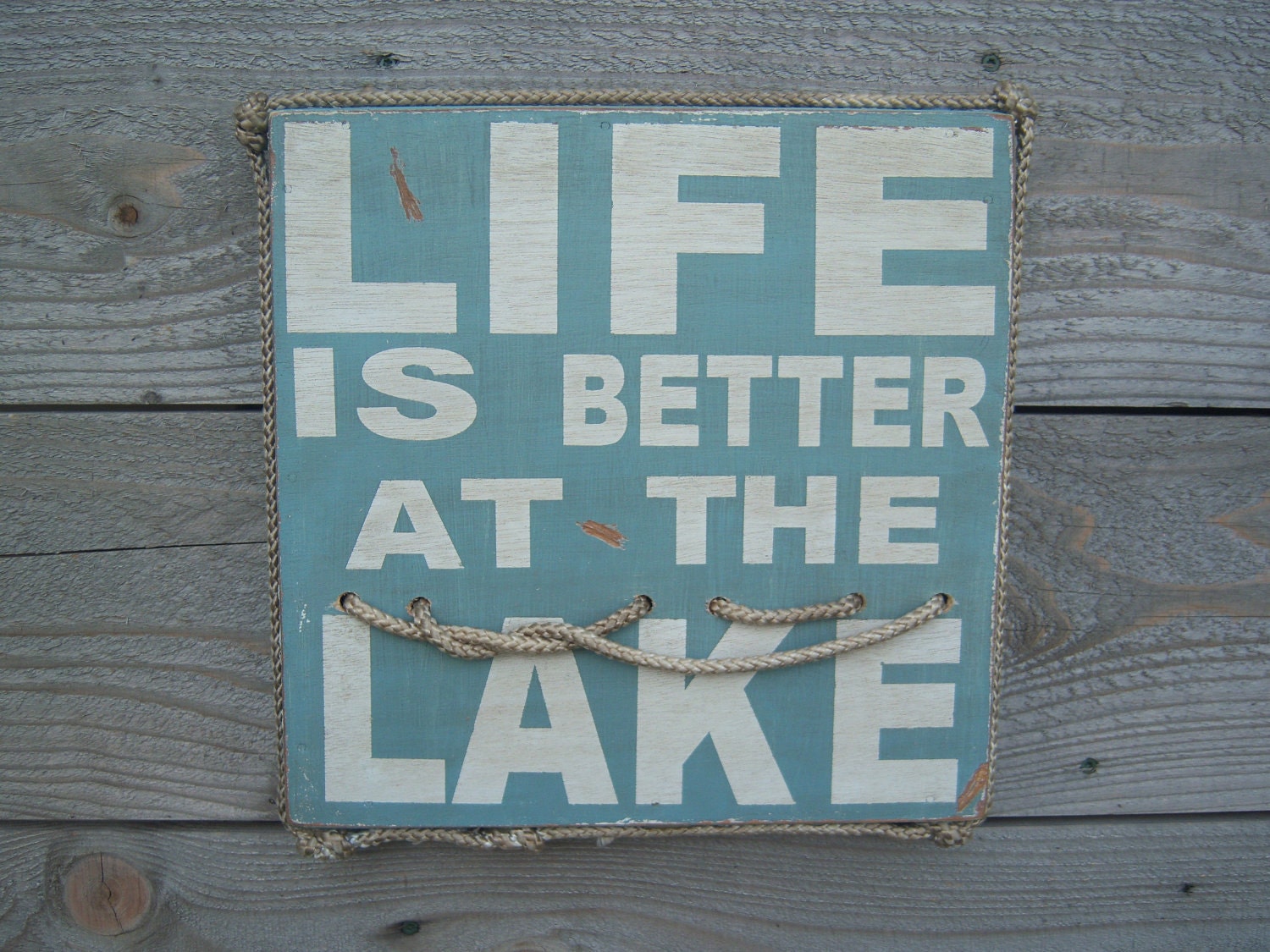 Life is better at the lake- distressed rustic wood sign with nautical rope-lake house