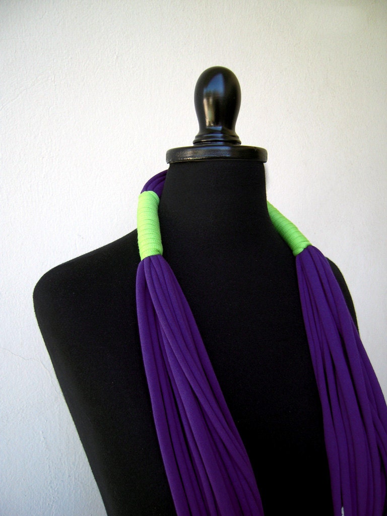 The tribal necklace - handmade in purple and lime green jersey fabric