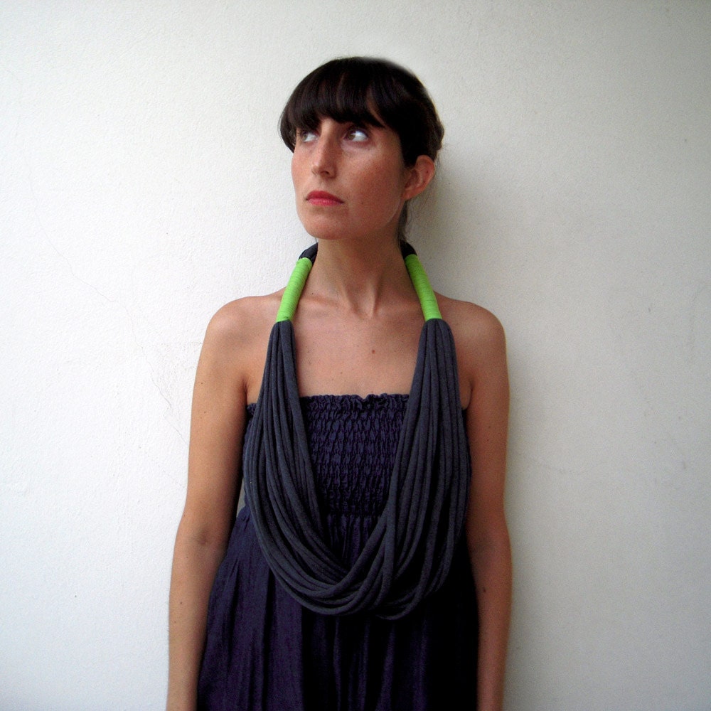 The tribal necklace - handmade in charcoal and lime green jersey fabric
