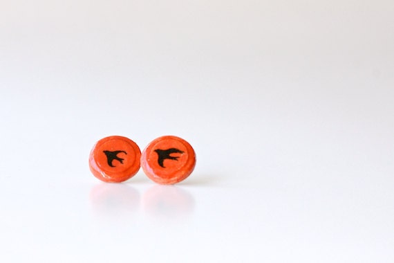 Ceramic  Bird Earrings, Vintage-Inspired in Red by RossLab, indie accessories, swallow