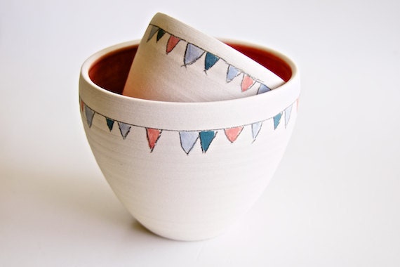 Ceramic Bowls in Coral- Flag Decoration in Teal, Coral, and Blue