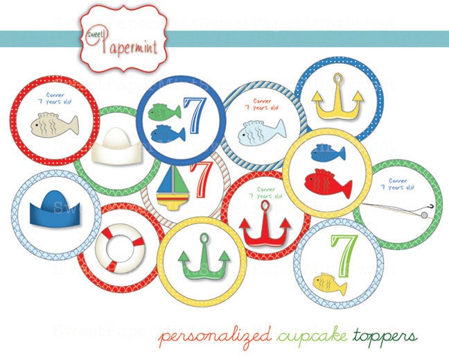 Boy Nautical Ocean Fishing Boat Cupcake Party Topper - Customizable - Printable digital circles