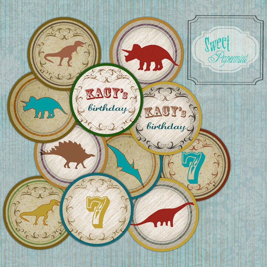 Vintage Dinosaur Cupcake Party Toppers - Customizable - Printable Digital Circles